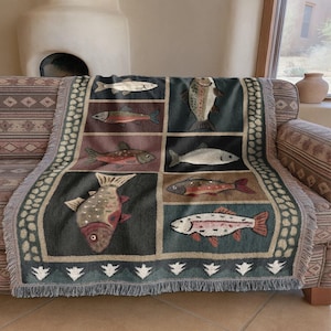 Manta tejida vintage con peces / Tapiz de cabaña campestre del oeste / Decoración rústica para el hogar con salmón y trucha imagen 7