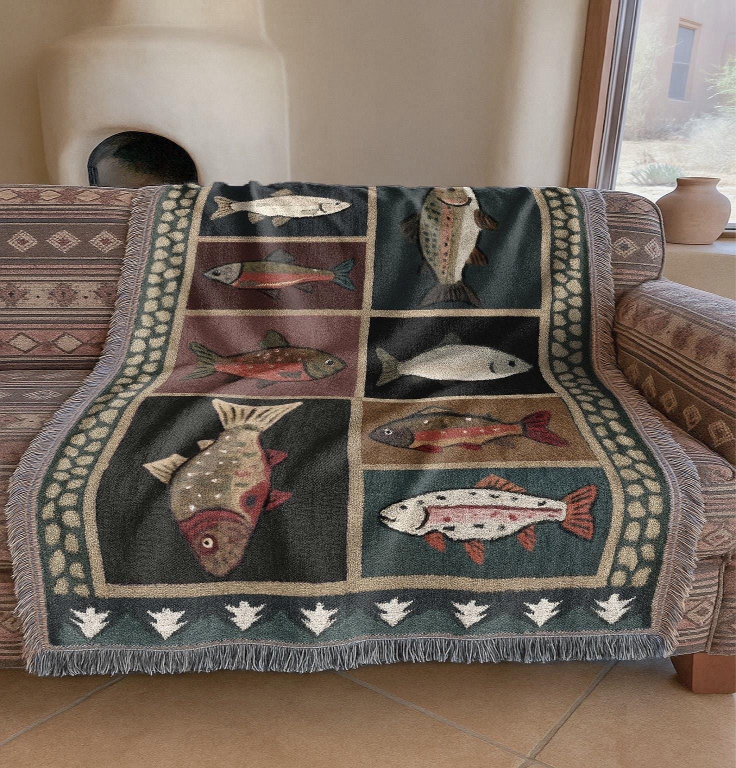 Vintage Fish Woven Blanket | Western Country Folk Lodge Cabin Tapestry | Rustic Home Decor Salmon Trout Throw Blanket