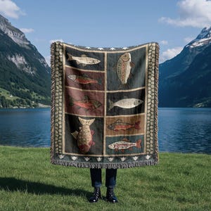 Manta tejida vintage con peces / Tapiz de cabaña campestre del oeste / Decoración rústica para el hogar con salmón y trucha imagen 3