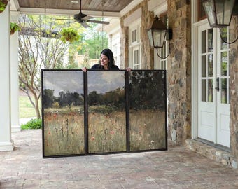 Paisaje campestre impresionista / Cuadro grande de 3 piezas para pared, tríptico de lienzos enmarcados de gran tamaño