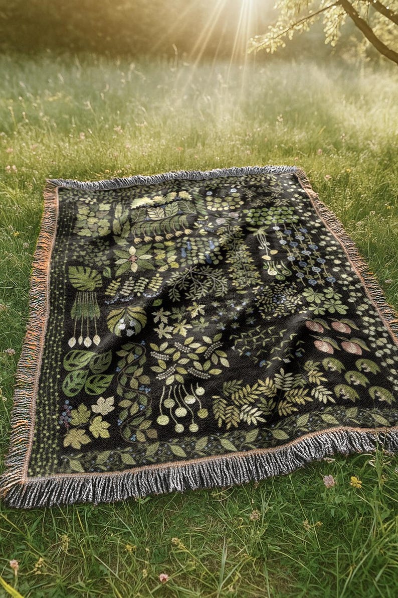 May include: A black throw blanket featuring a botanical design of green leaves, flowers, and berries. The blanket has a fringed edge in shades of tan and grey, and is laid out on a grassy surface.