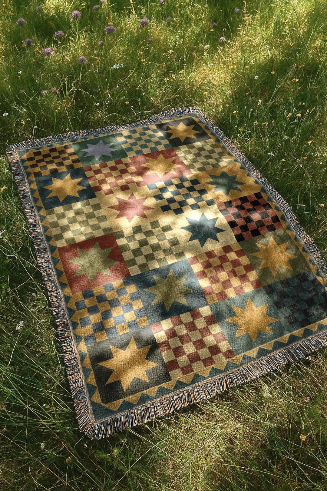 Farmhouse Checkered Blanket | Rustic Country Folk Tapestry Throw Blanket | Boho Vintage Home Decor Woven Blanket
