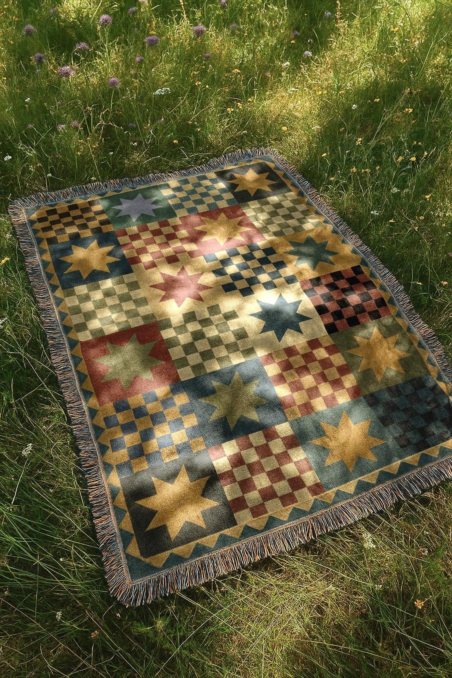 Farmhouse Checkered Blanket | Rustic Country Folk Tapestry Throw Blanket | Boho Vintage Home Decor Woven Blanket