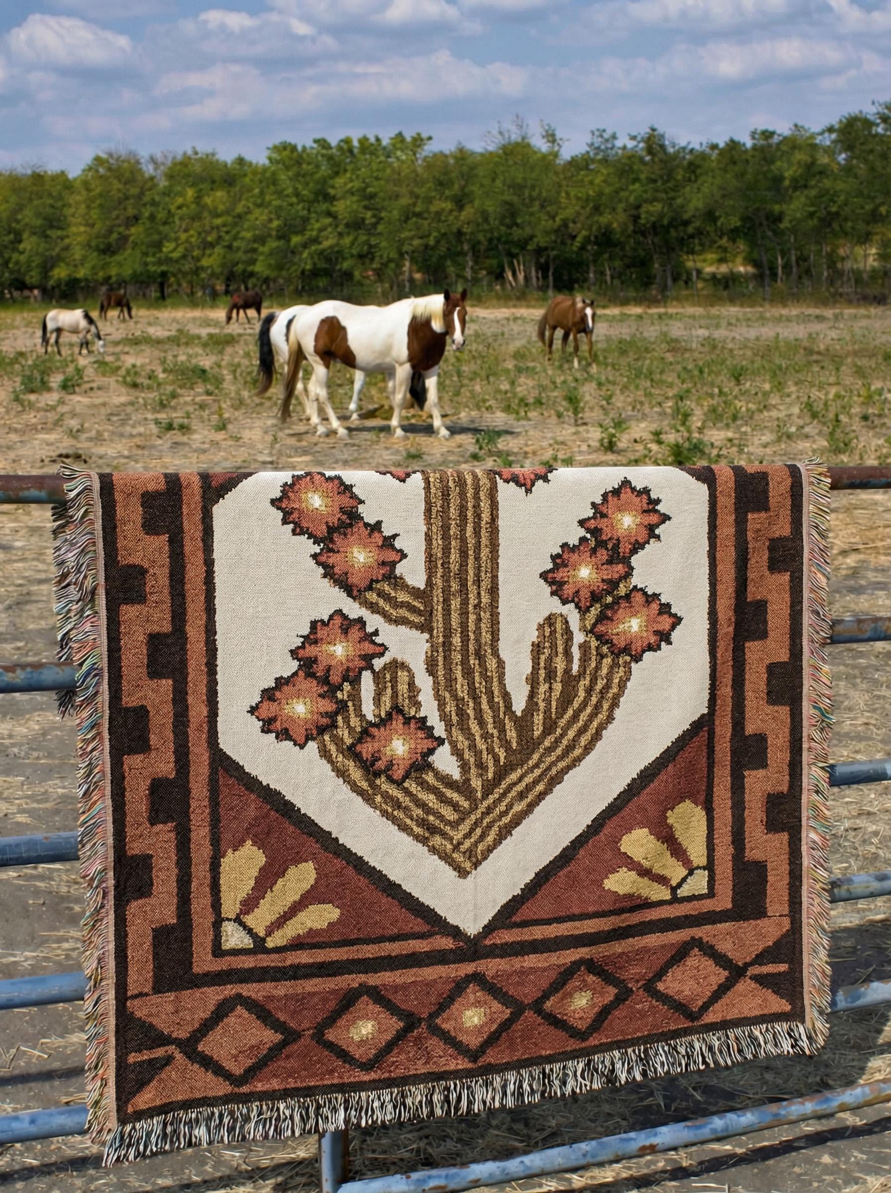 Blooming Cactus Tapestry | Native Southwestern Tapestry Throw Blanket | Rustic Boho Vintage Western Woven Blanket