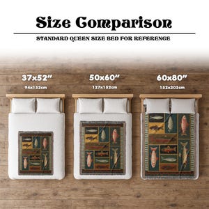 Puede incluir: Imagen que muestra tres mantas de diferentes tama&ntilde;os con un dise&ntilde;o de pez, exhibidas en camas. Los tama&ntilde;os son 94x132cm, 127x152cm y 152x203cm. El texto "Size Comparison" y "STANDARD QUEEN SIZE BED FOR REFERENCE" est&aacute;n en la parte superior.