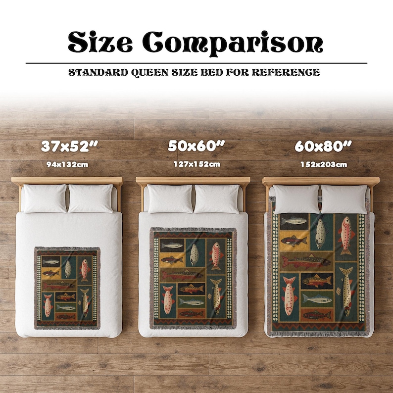 Puede incluir: Imagen que muestra tres mantas de diferentes tama&ntilde;os con un dise&ntilde;o de pez, exhibidas en camas. Los tama&ntilde;os son 94x132cm, 127x152cm y 152x203cm. El texto "Size Comparison" y "STANDARD QUEEN SIZE BED FOR REFERENCE" est&aacute;n en la parte superior.