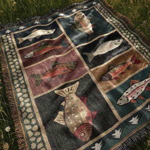 Manta tejida vintage con peces / Tapiz de cabaña campestre del oeste / Decoración rústica para el hogar con salmón y trucha imagen 2
