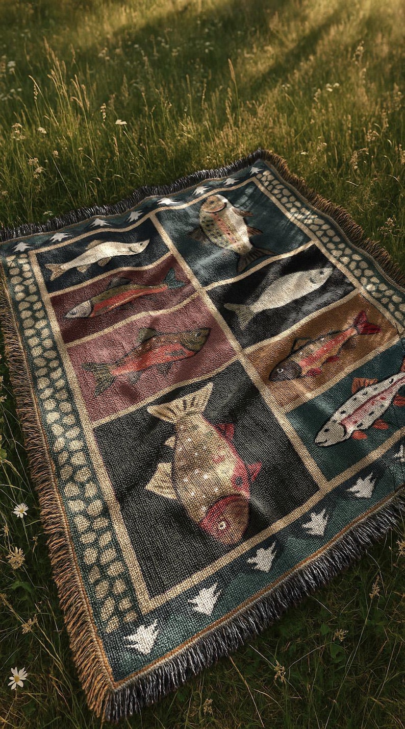 Manta tejida vintage con peces / Tapiz de cabaña campestre del oeste / Decoración rústica para el hogar con salmón y trucha imagen 2
