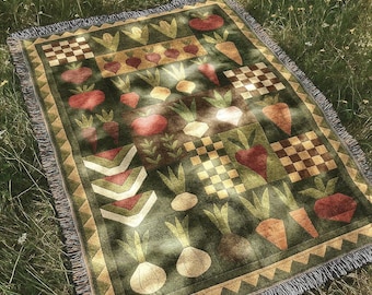 Country Garden Veggies Blanket | Folk Farmhouse Tapestry Throw Blanket | Rustic Boho Vintage Farming Woven Blanket