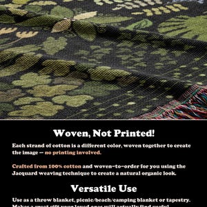 May include: A woven blanket with a forest design. The blanket has a dark background with green and beige foliage patterns. The edges have a multi-coloured fringe. The text "Woven, Not Printed!" is visible.