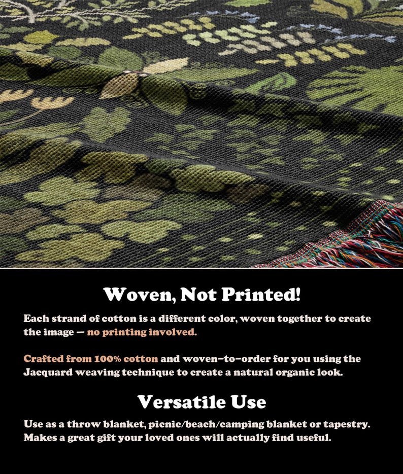 May include: A woven blanket with a forest design. The blanket has a dark background with green and beige foliage patterns. The edges have a multi-coloured fringe. The text "Woven, Not Printed!" is visible.