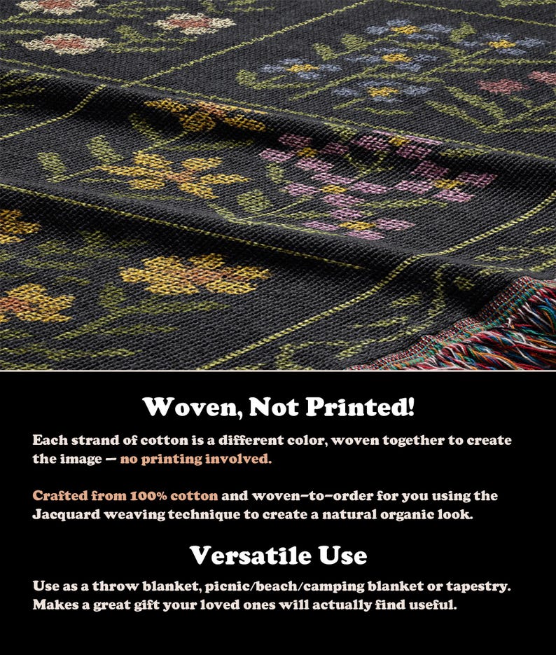 May include: A dark gray woven throw blanket with a floral pattern in yellow, pink, and blue. The blanket has a fringed edge with multiple colors. The text "Woven, Not Printed!" is visible.