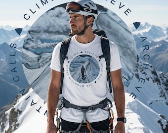 Mountaineering T-shirt, hand-painted design, Climb Believe Mountain Shirt, Outdoor Adventure Alpine Sports, Summit - Organic Shirt