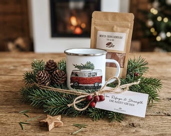 Enamel mug with Christmas VW bus, dog, and Christmas tree, Christmas gift, camper vintage outdoor mug, hand-painted design