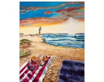 beach painting, lighthouse art, ocean wave art, boho beach decor, dune landscape art, sunrise beach print, seaside - Poster Din A1 (high)