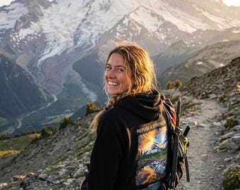 Mountain and Nature Hoodie, Front Embroidered Logo, Back Print Landscape, Hand-Painted Mountain Design - Organic Unisex Hoodie, Gift for Hikers