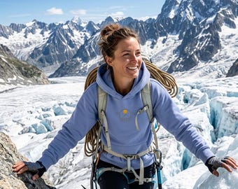 Outdoor organic hoodie, mountains, glacier design hand-painted, rope team, high-altitude touring design hand-painted, REFUGE and STRENGTH, hiking gift