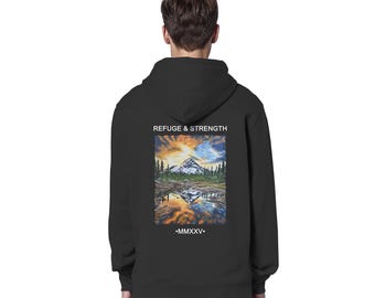 Mountain and Nature Hoodie, Front Embroidered Logo, Back Print, Hand-Painted Mountain Design - Organic Hoodie Gift for Hikers, Mountain Hoodie