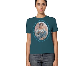 Symbolic Art Shirt, Creative Energy Shirt for Women, Coffee Motif with Woman, Front and Back Print, Vida Arte Cafe-Fitted Ladies Organic Shirt