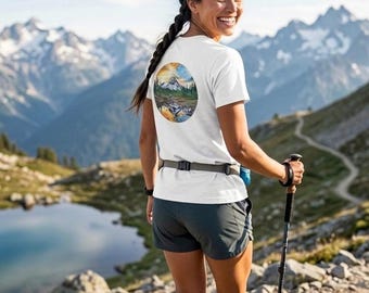 REFUGE and STRENGTH Mountain Shirt for Women, Hand-Painted Art Lake Reflection, Organic Cotton, Hiking T-Shirt, Outdoor Gift, Mountain Design Shirt