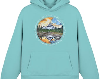 Mountain and Nature, Mountain Hoodie, Mountain Landscape Hand-Painted Design, Gift for Hikers, Hiking, Explore, Breathe - Fluffy Boxcut Hoodie