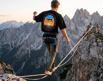 REFUGE and STRENGTH Slackline Shirt for Men, Hand-Painted Climbing Art Sunset, Organic Cotton Oversized T-Shirt, Outdoor Gift