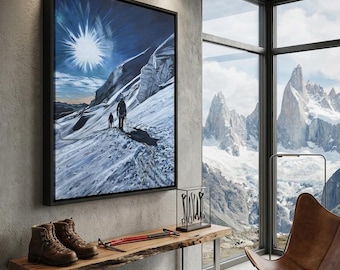 Original Acrylic Painting, Two Mountaineers in Alpine Glacier Terrain at Sunrise- Framed Mountain Art