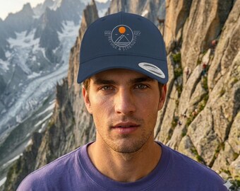 Minimal outdoor Adventure Embroidered Cap, Mountain Sun Lake Nature Logo - Premium Baseball Cap