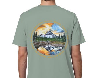 Mountain T-shirt, mountain landscape, hand-painted design, gift for hikers, mountain and nature shirt, organic shirt, unisex hiking shirt