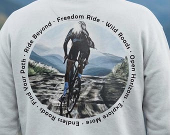 Organic road bike pullover with back print, hand-painted gravel bike crewneck sweatshirt, Tour de France cycling pullover - Organic oversized sweatshirt