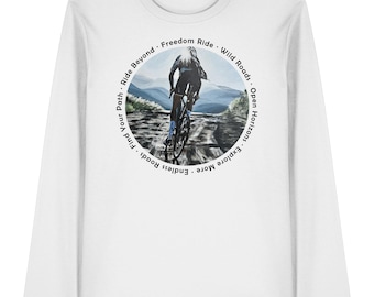 Road bike shirt, adventure sports shirt, gravel bike T-shirt white, road bike shirt aloe, off-road hand-painted design - organic long-sleeve T-shirt