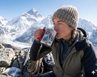 Camping Carabiner Mug, Alpine Mountain Sunset Coffee Cup, Hiking Outdoor Adventure Gift - Stainless Steel Cup