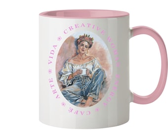 Creative Energy coffee mug, woman with coffee motif, symbolic art mug, Vida Arte Cafe, for coffee lovers - two-tone mug, coffee drinker