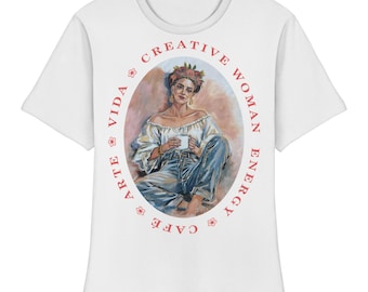 Symbolic Art Women's Organic T-shirt, Creative Energy, Coffee Motif with Woman, Front and Back Print, Vida Arte Café - Fitted Ladies Organic Shirt