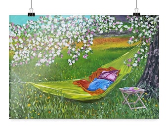 Cherry blossom poster, hammock, hand-painted spring design, cozy nature scene as an art print, wall decoration - poster DIN A1 (landscape)