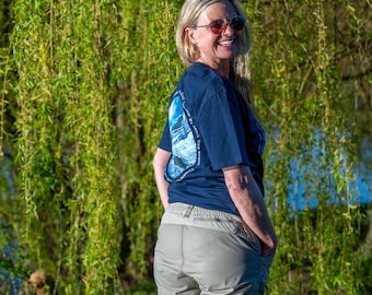 Adventure Sports Shirt, Black Mountain Shirt, Front and Back Print, Outdoor Shirt Blue, Explore Shirt, Hiking Shirt - Ladies Organic Shirt