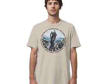 Road bike shirt, adventure sports, gravel bike T-shirt, white, road cycling, off-road, hand-painted design - organic shirt, gift for gravel bikers