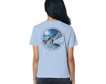 Adventure Sport Shirt, hand-painted, blue hiking shirt, mountain shirt, Expolore Hiking Shirt, mountain shirt, front and back print - Ladies Organic Shirt