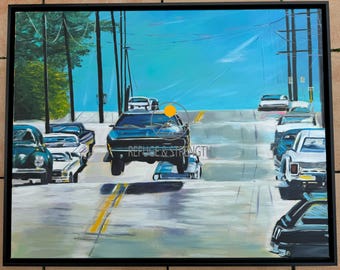 Road Trip & Cars, Black Mustang Poster, San Francisco Street wall art, classic American car art, urban vintage scene - Poster 60x60
