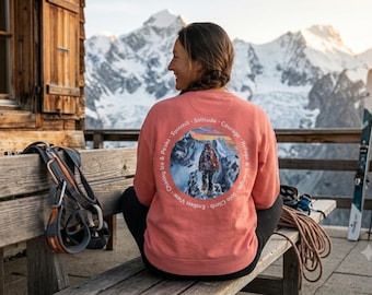 Premium mountaineering sweatshirt, hand-painted art, unisex outdoor pullover, REFUGE & STRENGTH, organic oversized sweatshirt in pink, embroidered logo