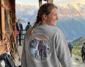 Organic Unisex Outdoor Sweater Back Print, Hiking Mountaineering Gift, Hand-Painted Climbing Art REFUGE & STRENGTH, Black Navy Grey