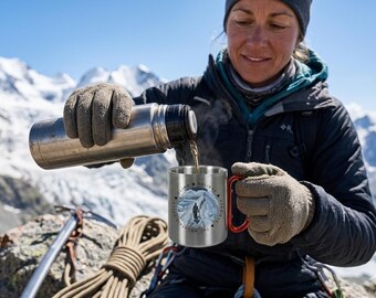 Camping Carabiner Mug, Alpine Mountain Summit Coffee Cup, Hiking Outdoor Adventure Gift - Stainless Steel Cup