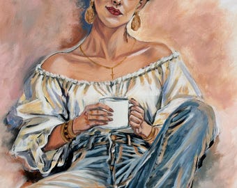 Beautiful woman on canvas in acrylic, 600/800 cm, original acrylic painting, hand-painted aesthetic woman in jeans with a Carmen blouse, symbolic art