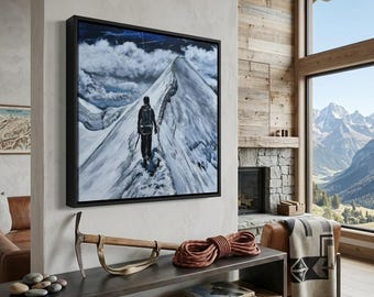 Mountain Climber Summit Acrylic Painting on Canvas Framed in Floating Frame, Alpine Wall Art Blue Sky Cloudscape, Modern Mountain Art