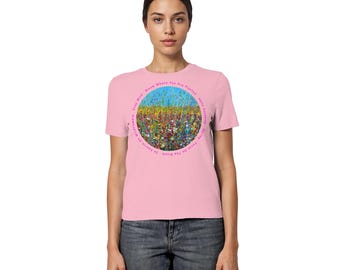 Floral shirt, hand-painted floral shirt, Spring Flower lettering, shirt in aloe, pink, dark blue and lilac - Fitted Ladies Organic Shirt