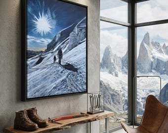 Alpine Mountaineering Art Print - Summit Art, Climbers gift, Rope Team in Mountains sunrise, Wall Art, summit tracking illustration