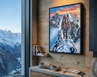 Original Framed Acrylic Mountain Painting-Apline Climber Landscape on Canvas-Adventure Wall Art