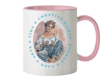 Coffee mug with creative energy, hand-painted woman with coffee motif, Vida Arte Cafe, for coffee-loving women - two-tone mug, Symbolic Art