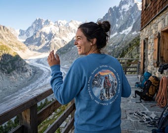 Premium mountaineering sweatshirt in royal blue, hiker's gift, REFUGE & STRENGTH, statement outdoor - organic oversize sweatshirt, unisex