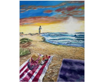 beach painting, lighthouse art, ocean wave art, boho beach decor, dune landscape art, sunrise beach print, seaside - Poster Din A2 (high)